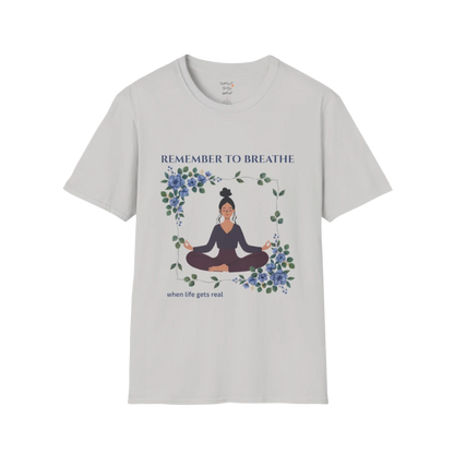 Remember To Breathe T-Shirt Ice Grey with meditating figure and floral design. Soft yoga tee with calm, mindful energy.