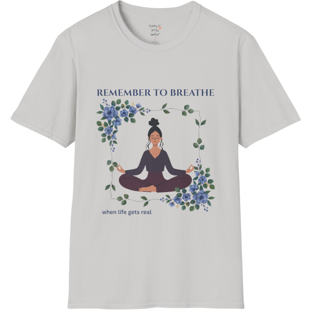 Remember To Breathe T-Shirt with meditating figure and botanical frame design — The Vault collection by Ramro Yoga Wear — Ice Grey color