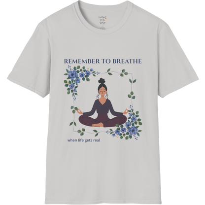 Remember To Breathe T-Shirt with meditating figure and botanical frame design — The Vault collection by Ramro Yoga Wear — Ice Grey color