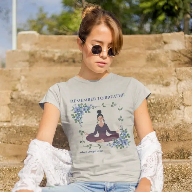 Remember To Breathe T-Shirt  featuring woman outdoors. Relaxed yoga lifestyle with soft, mindful presence.