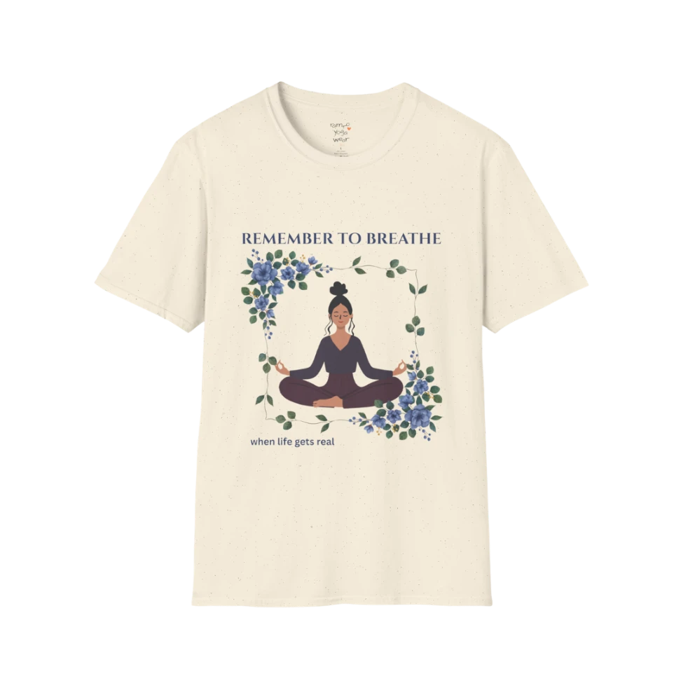 Remember To Breathe T-Shirt Natural with meditating figure and botanical design. Light, earthy yoga tee with peaceful feel.
