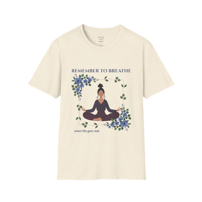 Remember To Breathe T-Shirt Natural with meditating figure and botanical design. Light, earthy yoga tee with peaceful feel.