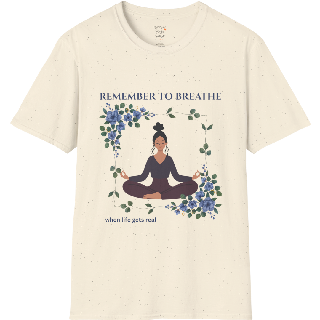 Remember To Breathe T-Shirt with meditating figure and botanical frame design — The Vault collection by Ramro Yoga Wear — Natural color