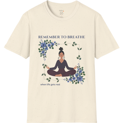 Remember To Breathe T-Shirt with meditating figure and botanical frame design — The Vault collection by Ramro Yoga Wear — Natural color