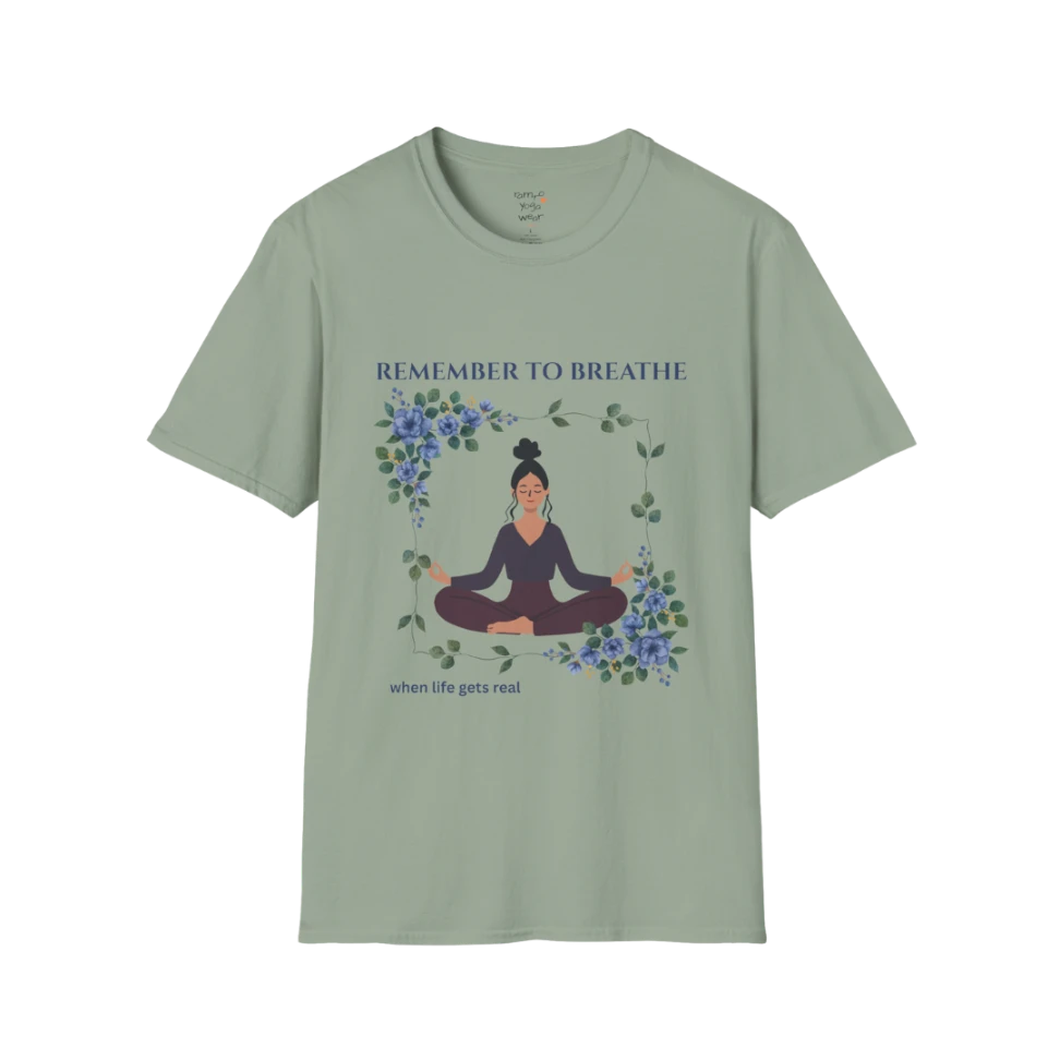 Remember To Breathe T-Shirt Sage with meditating figure and floral design. Soft green yoga tee with grounded, calming tone.