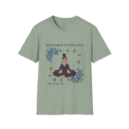 Remember To Breathe T-Shirt Sage with meditating figure and floral design. Soft green yoga tee with grounded, calming tone.