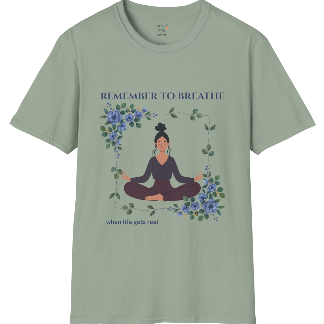 Remember To Breathe T-Shirt with meditating figure and botanical frame design — The Vault collection by Ramro Yoga Wear — Sage color