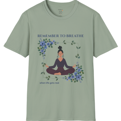Remember To Breathe T-Shirt with meditating figure and botanical frame design — The Vault collection by Ramro Yoga Wear — Sage color