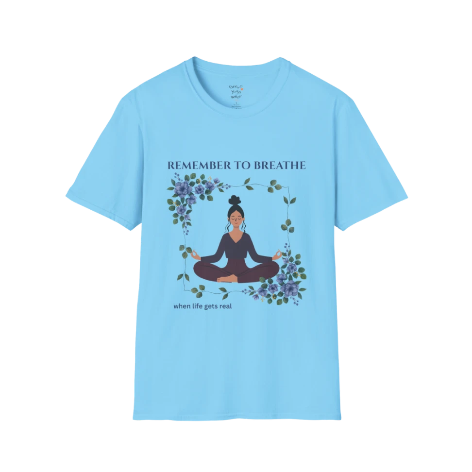 Remember To Breathe T-Shirt Sky with meditating figure and floral design. Light blue yoga tee with soft, calming energy.