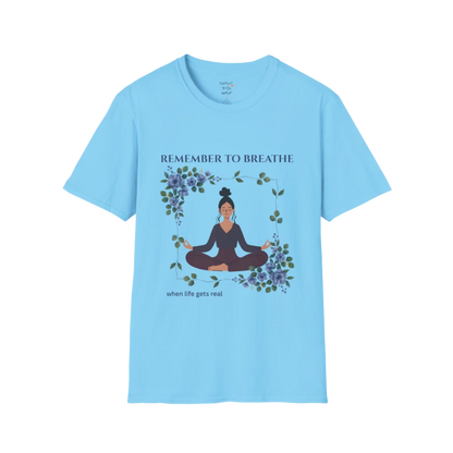 Remember To Breathe T-Shirt Sky with meditating figure and floral design. Light blue yoga tee with soft, calming energy.