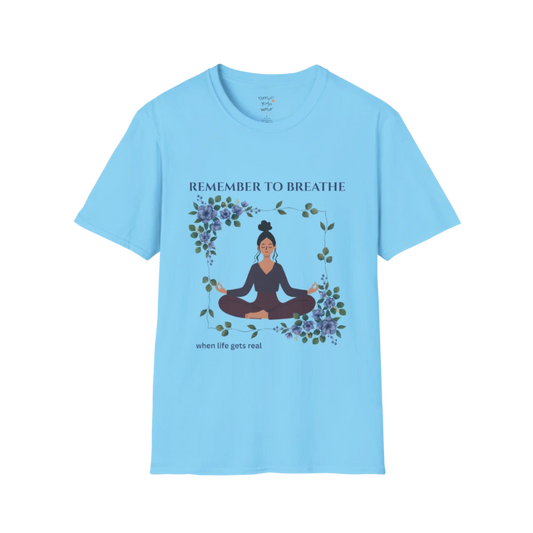 Remember To Breathe T-Shirt Sky with meditating figure and floral design. Light blue yoga tee with soft, calming energy.