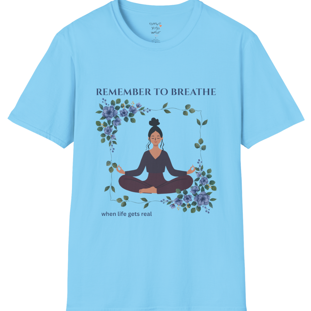 Remember To Breathe T-Shirt with meditating figure and botanical frame design — The Vault collection by Ramro Yoga Wear — Sky color
