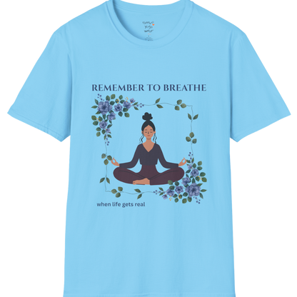 Remember To Breathe T-Shirt with meditating figure and botanical frame design — The Vault collection by Ramro Yoga Wear — Sky color