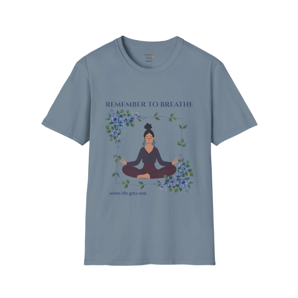 Remember To Breathe T-Shirt Stone Blue with meditating figure and floral design. Yoga tee with soft blue tones and relaxed energy.