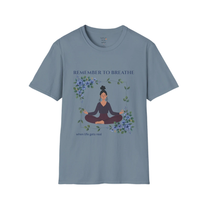 Remember To Breathe T-Shirt Stone Blue with meditating figure and floral design. Yoga tee with soft blue tones and relaxed energy.