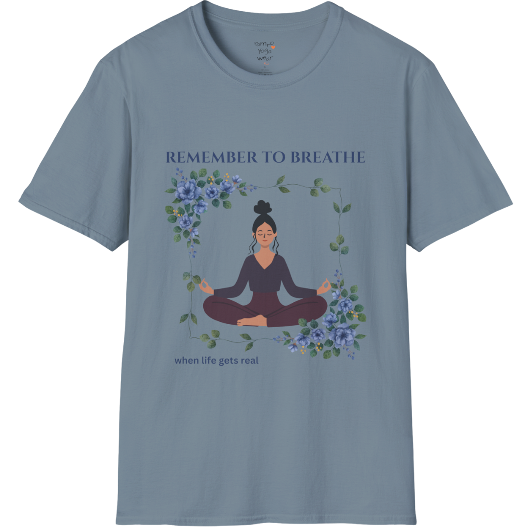 Remember To Breathe T-Shirt with meditating figure and botanical frame design — The Vault collection by Ramro Yoga Wear — Stone Blue color