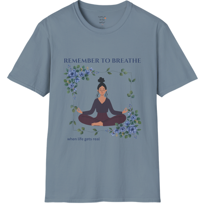 Remember To Breathe T-Shirt with meditating figure and botanical frame design — The Vault collection by Ramro Yoga Wear — Stone Blue color
