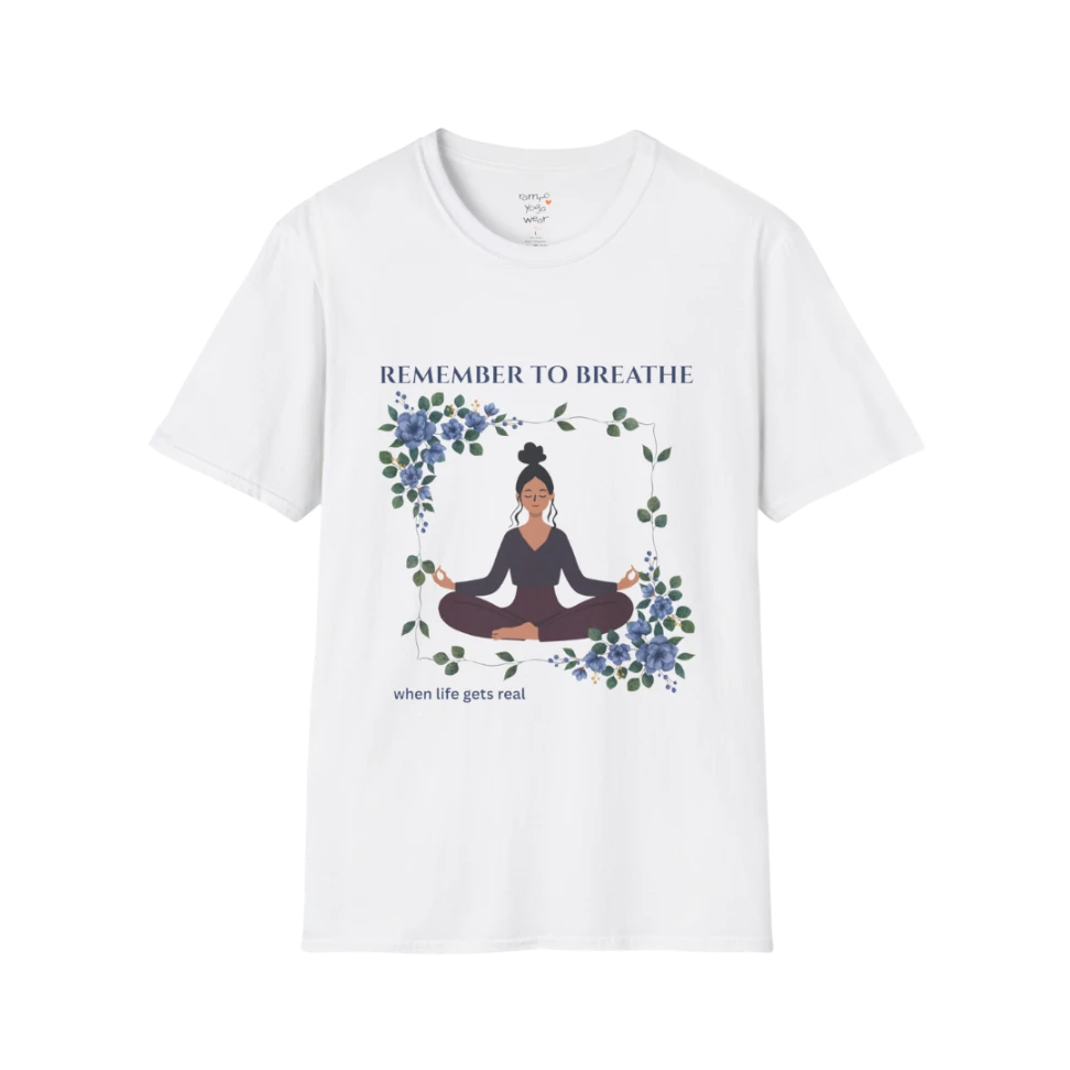 Remember To Breathe T-Shirt White with meditating figure and floral design. Clean, minimal yoga tee with calm, mindful aesthetic.