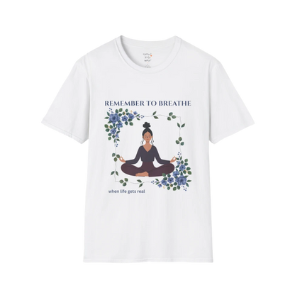 Remember To Breathe T-Shirt White with meditating figure and floral design. Clean, minimal yoga tee with calm, mindful aesthetic.