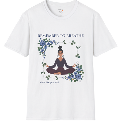 Remember To Breathe T-Shirt with meditating figure and botanical frame design — The Vault collection by Ramro Yoga Wear — White