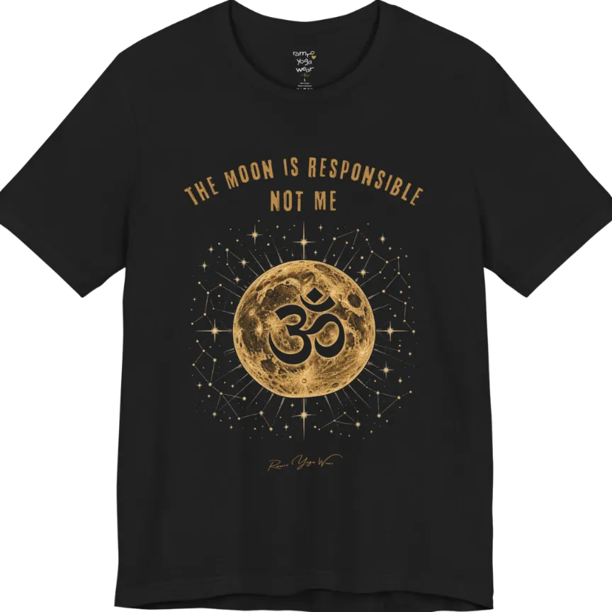 A short sleeved teed with a design of a Full moon with gold constellation detail and a negative-space Om cutout, "The Moon Is Responsible, Not Me" design — Funny Yoga Shirts collection by Ramro Yoga Wear and in Black