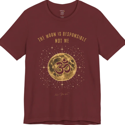 A short sleeved teed with a design of a Full moon with gold constellation detail and a negative-space Om cutout, "The Moon Is Responsible, Not Me" design — Funny Yoga Shirts collection by Ramro Yoga Wear and in Heather Cardinal 