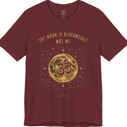 A short sleeved teed with a design of a Full moon with gold constellation detail and a negative-space Om cutout, "The Moon Is Responsible, Not Me" design — Funny Yoga Shirts collection by Ramro Yoga Wear and in Heather Cardinal 