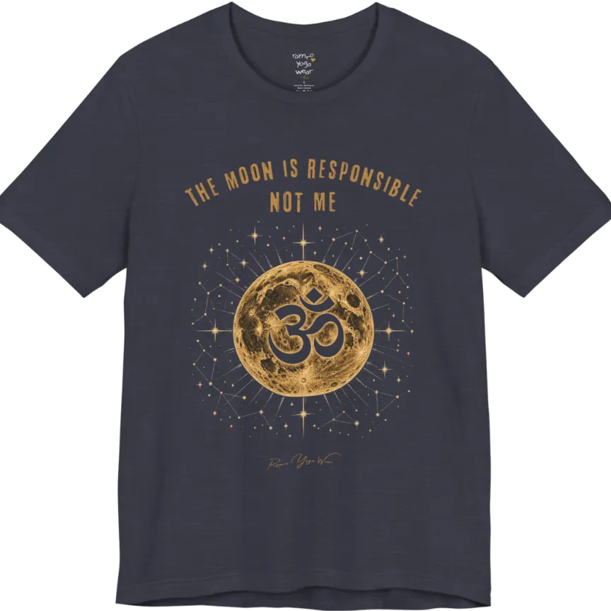 A short sleeved teed with a design of a Full moon with gold constellation detail and a negative-space Om cutout, "The Moon Is Responsible, Not Me" design — Funny Yoga Shirts collection by Ramro Yoga Wear and in Heather Midnight Navy