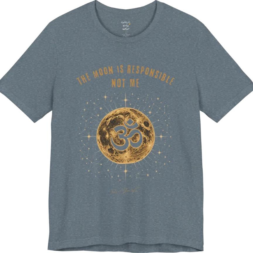 A short sleeved teed with a design of a Full moon with gold constellation detail and a negative-space Om cutout, "The Moon Is Responsible, Not Me" design — Funny Yoga Shirts collection by Ramro Yoga Wear and in Heather Slate