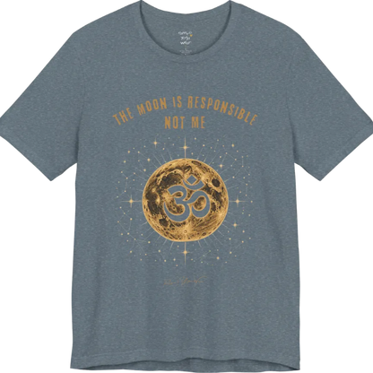 A short sleeved teed with a design of a Full moon with gold constellation detail and a negative-space Om cutout, "The Moon Is Responsible, Not Me" design — Funny Yoga Shirts collection by Ramro Yoga Wear and in Heather Slate
