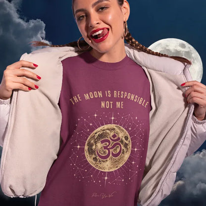 Person wearing Responsible Heather Cardinal tee, smiling and holding open a jacket outdoors with the moon visible — Funny Yoga Shirts collection by Ramro Yoga Wear