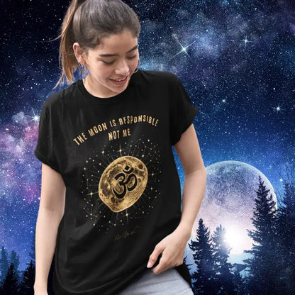 Person wearing Responsible Black tee, standing outdoors at night with a starry sky and moon in the background — Funny Yoga Shirts collection by Ramro Yoga Wear