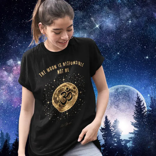Person wearing Responsible Black tee, standing outdoors at night with a starry sky and moon in the background — Funny Yoga Shirts collection by Ramro Yoga Wear