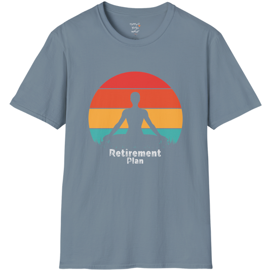 Retro sunset and yogi silhouette design on Stone Blue tee — The Vault collection by Ramro Yoga Wear