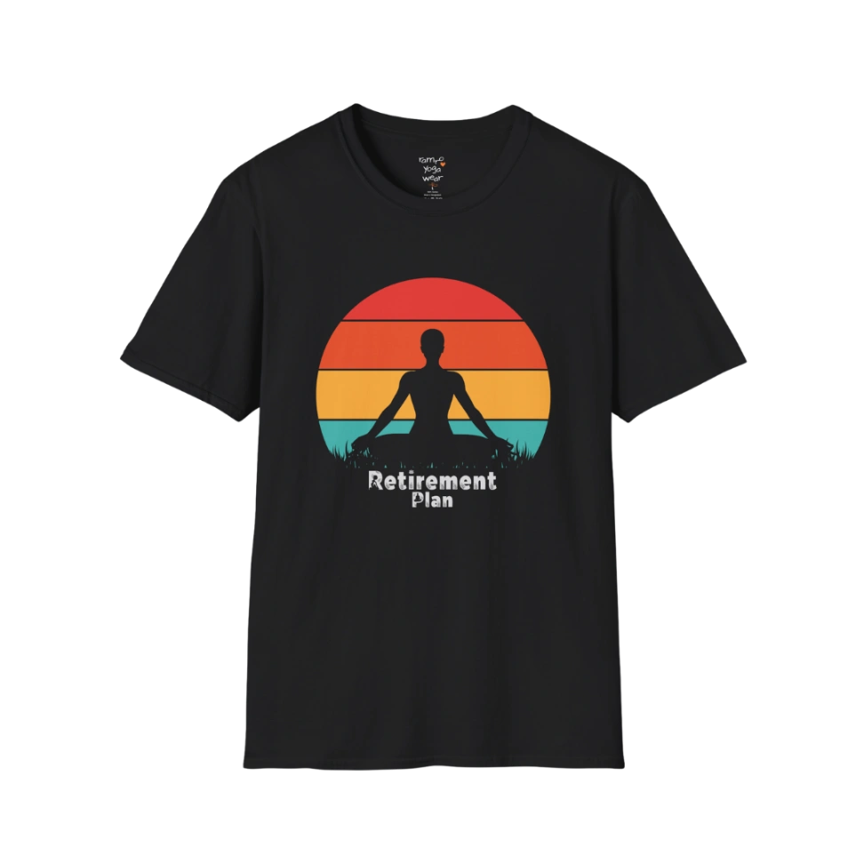 Black Retirement T-Shirt with retro sunset yoga design. Relaxed lifestyle tee for mindful living and retirement gifts.