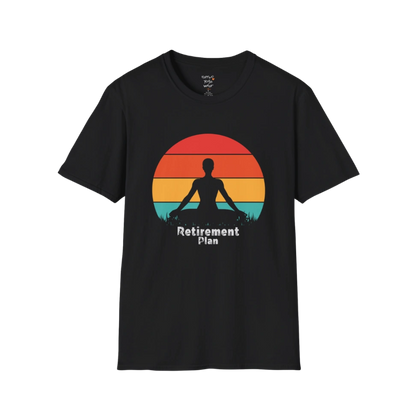 Black Retirement T-Shirt with retro sunset yoga design. Relaxed lifestyle tee for mindful living and retirement gifts.