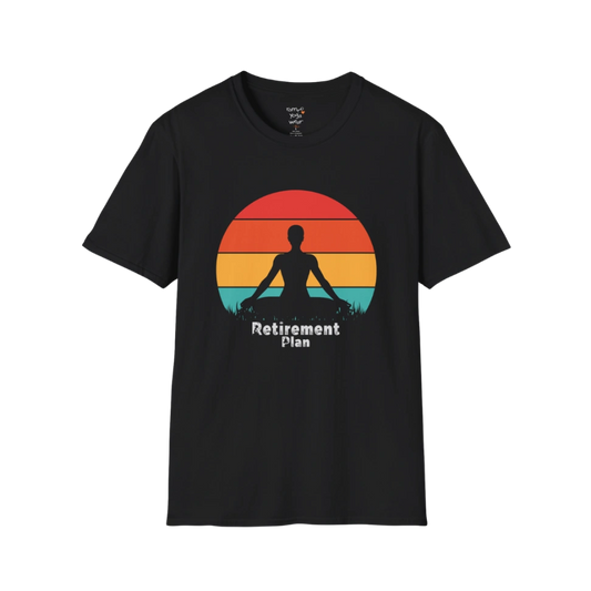 Black Retirement T-Shirt with retro sunset yoga design. Relaxed lifestyle tee for mindful living and retirement gifts.