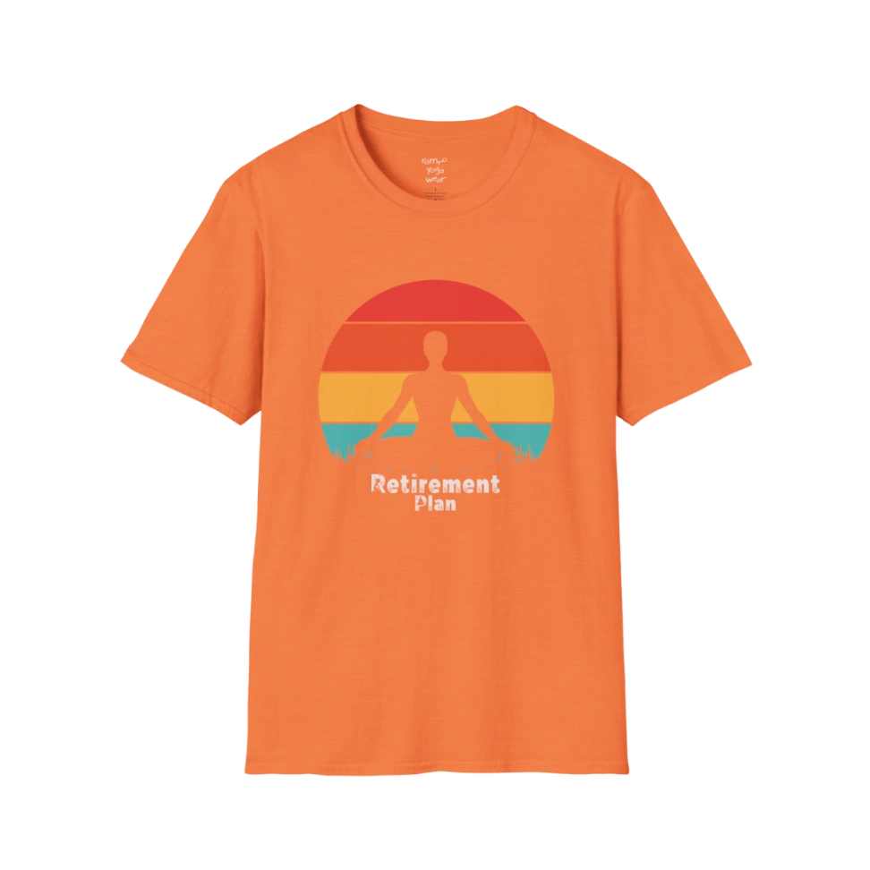 Heather Orange Retirement T-Shirt with retro sunset yoga design. Bright, uplifting tee for relaxed, post-work life.