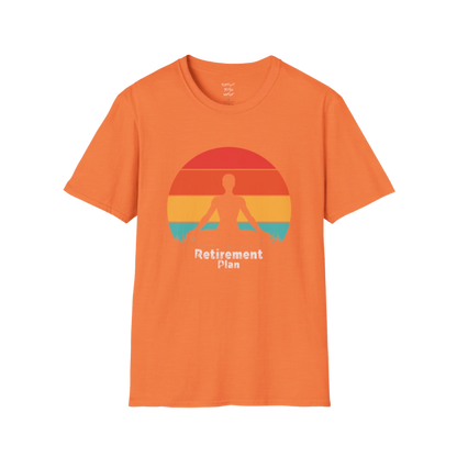 Heather Orange Retirement T-Shirt with retro sunset yoga design. Bright, uplifting tee for relaxed, post-work life.