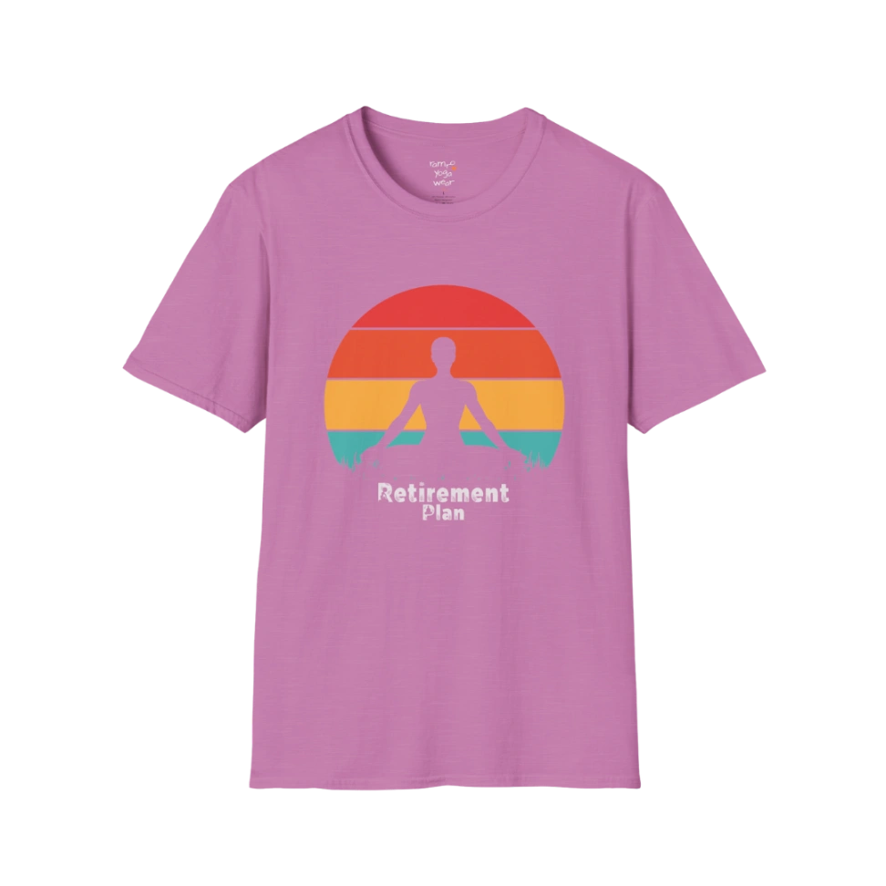 Heather Radiant Orchid Retirement T-Shirt with retro sunset yoga design. Soft, vibrant tee for calm and carefree days.