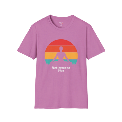 Heather Radiant Orchid Retirement T-Shirt with retro sunset yoga design. Soft, vibrant tee for calm and carefree days.
