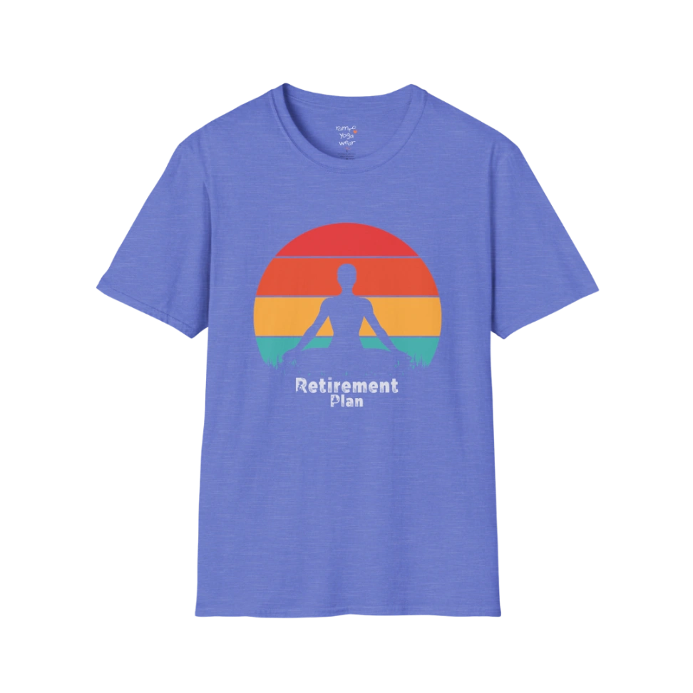 Heather Royal Retirement T-Shirt with retro sunset yoga design. Comfortable everyday tee for yoga, rest, and retirement living.
