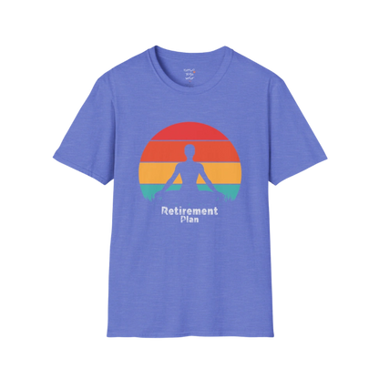 Heather Royal Retirement T-Shirt with retro sunset yoga design. Comfortable everyday tee for yoga, rest, and retirement living.