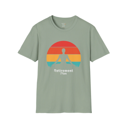 Sage Retirement T-Shirt with retro sunset yoga design. Calm, earthy tee for slow mornings and mindful movement.