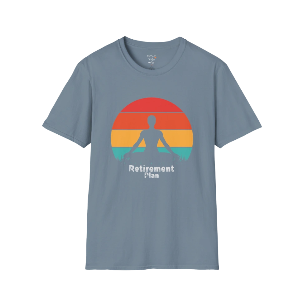 Stone Blue Retirement T-Shirt with retro sunset yoga design. Relaxed, easy-wear tee for peaceful, post-work days.