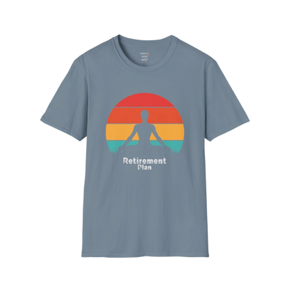 Stone Blue Retirement T-Shirt with retro sunset yoga design. Relaxed, easy-wear tee for peaceful, post-work days.