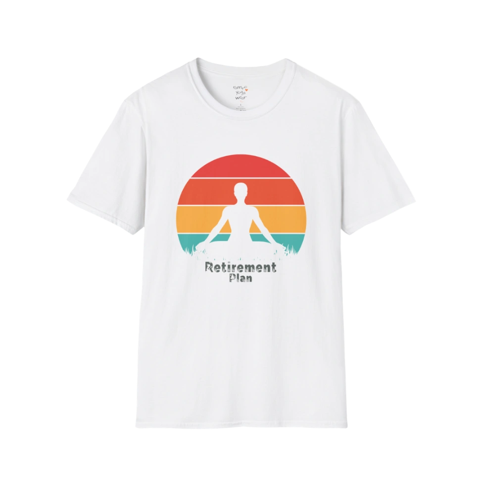 White Retirement T-Shirt with retro sunset yoga design. Clean, minimal tee for a light and effortless retirement lifestyle.