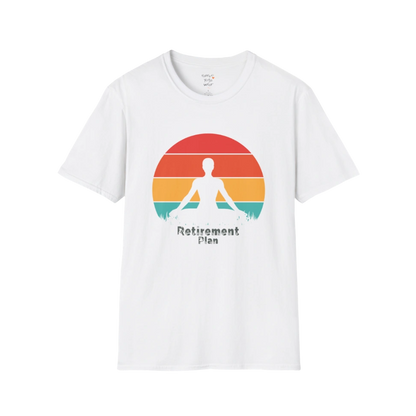 White Retirement T-Shirt with retro sunset yoga design. Clean, minimal tee for a light and effortless retirement lifestyle.
