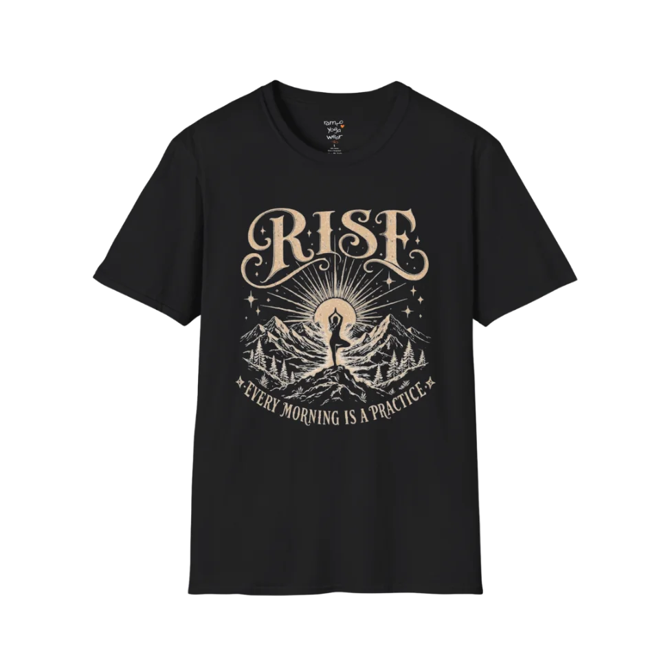 Black Rise T-Shirt featuring vintage mountain sunrise and yoga graphic with grounded mindful energy.