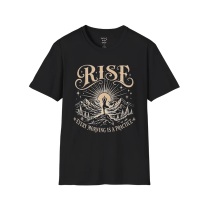 Black Rise T-Shirt featuring vintage mountain sunrise and yoga graphic with grounded mindful energy.